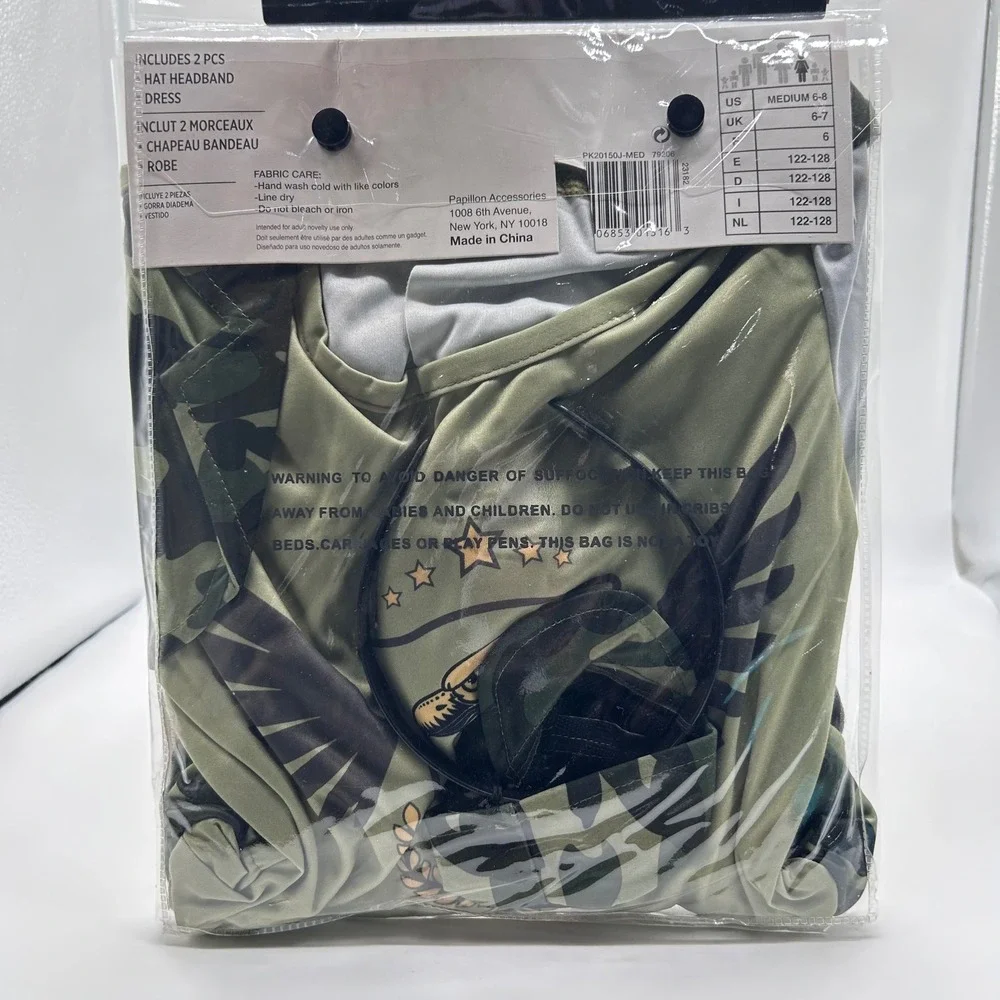 NEW Camo Cadet Costume Girls Medium 6-8‎ Camouflage Dress Hat Headband Halloween